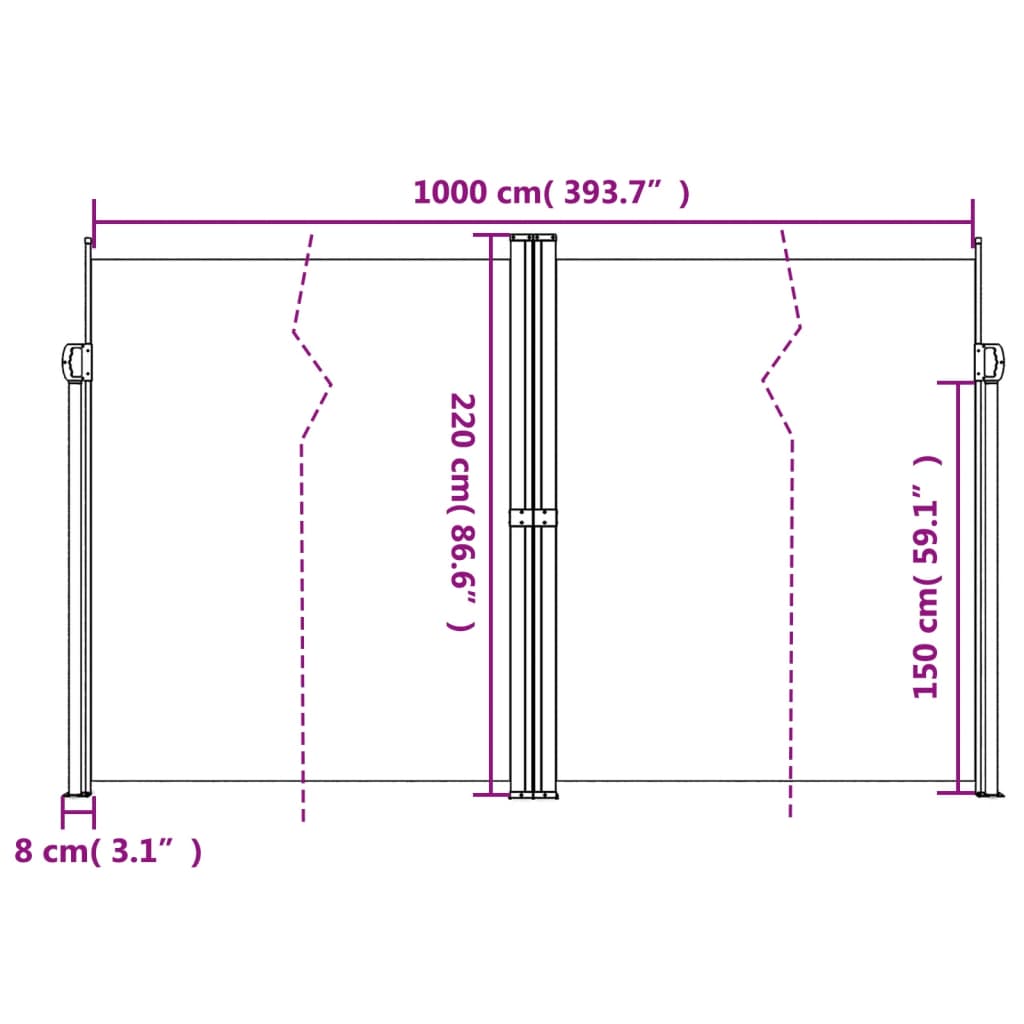 vidaXL Infällbar sidomarkis svart 220x1000 cm