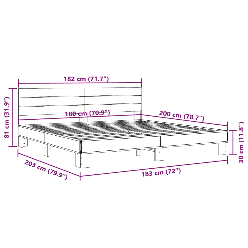 vidaXL Sängram rökfärgad ek 180x200 cm konstruerat trä och metall