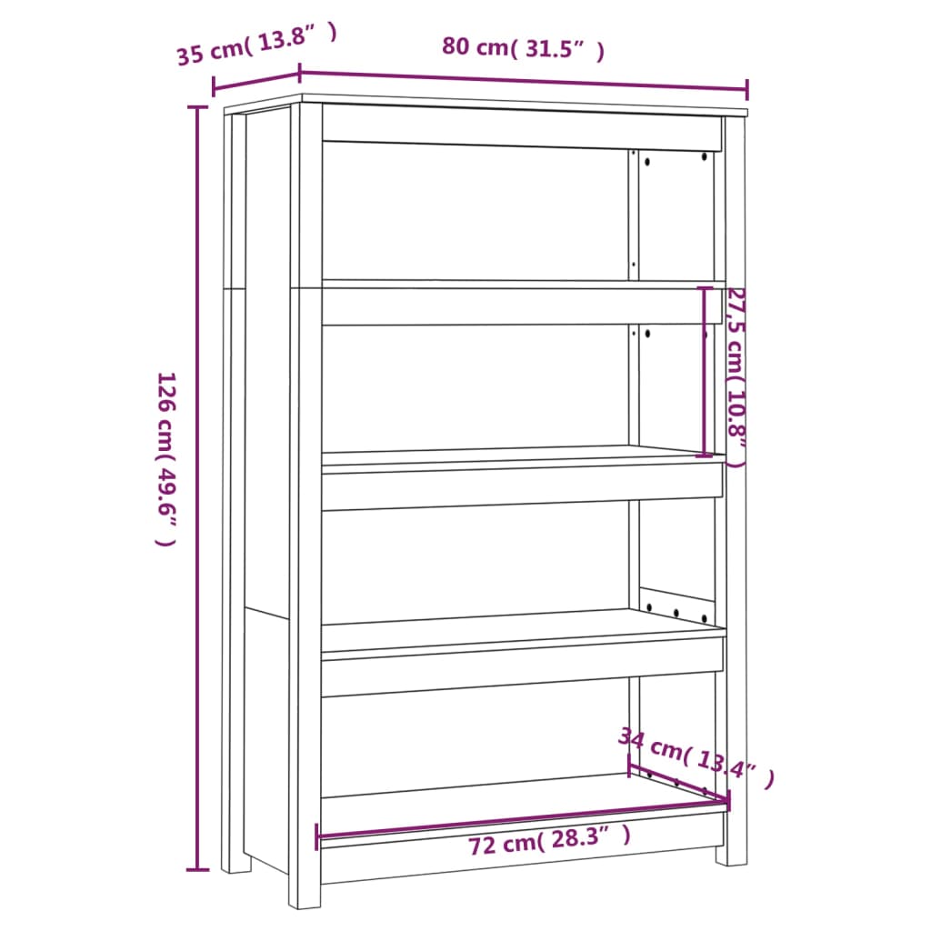 vidaXL Bokhylla vit 80x35x126 cm massiv furu