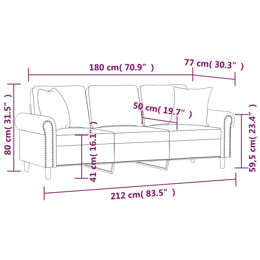 vidaXL 3-sitssoffa med prydnadskuddar ljusgrå 180 cm sammet