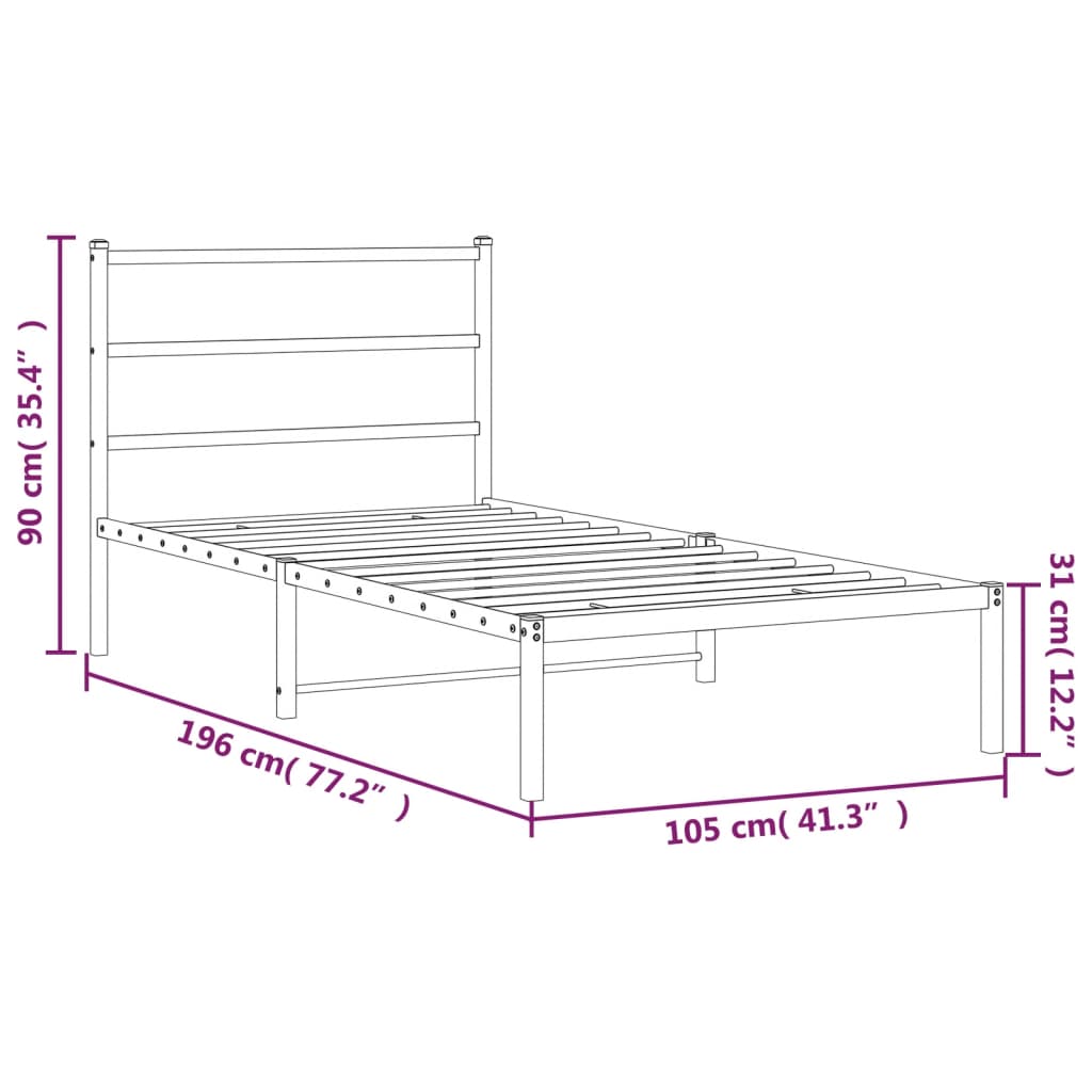 vidaXL Sängram med huvudgavel metall svart 100x190 cm