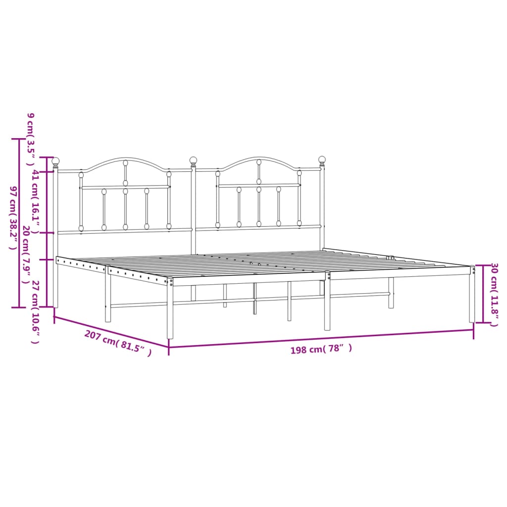 vidaXL Sängram med huvudgavel metall vit 193x203 cm