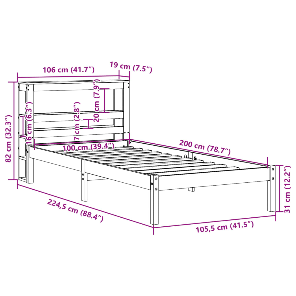 vidaXL Sängram utan madrass 100x200 cm massiv furu