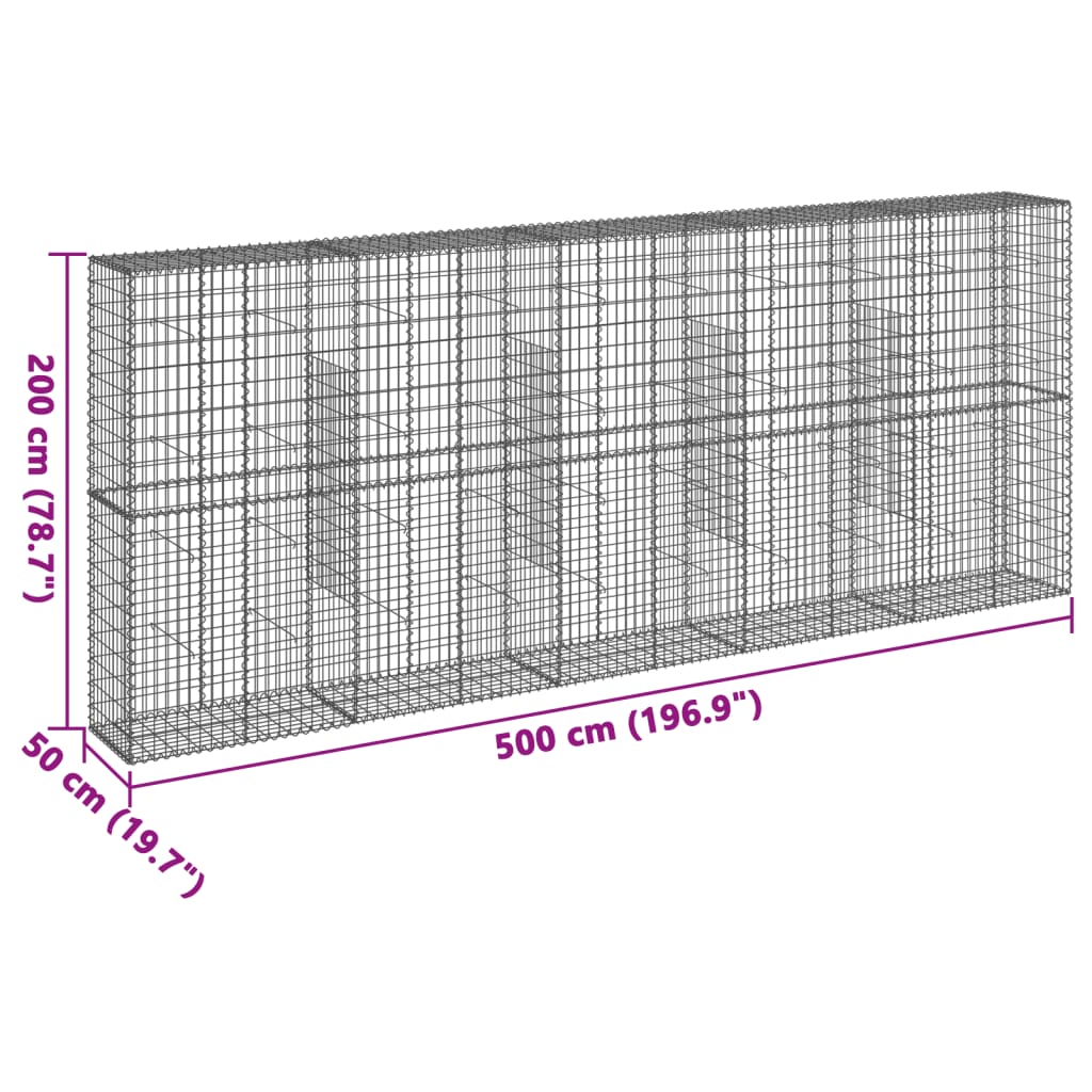 vidaXL Gabionkorg med skydd 500x50x200 cm galvaniserat järn