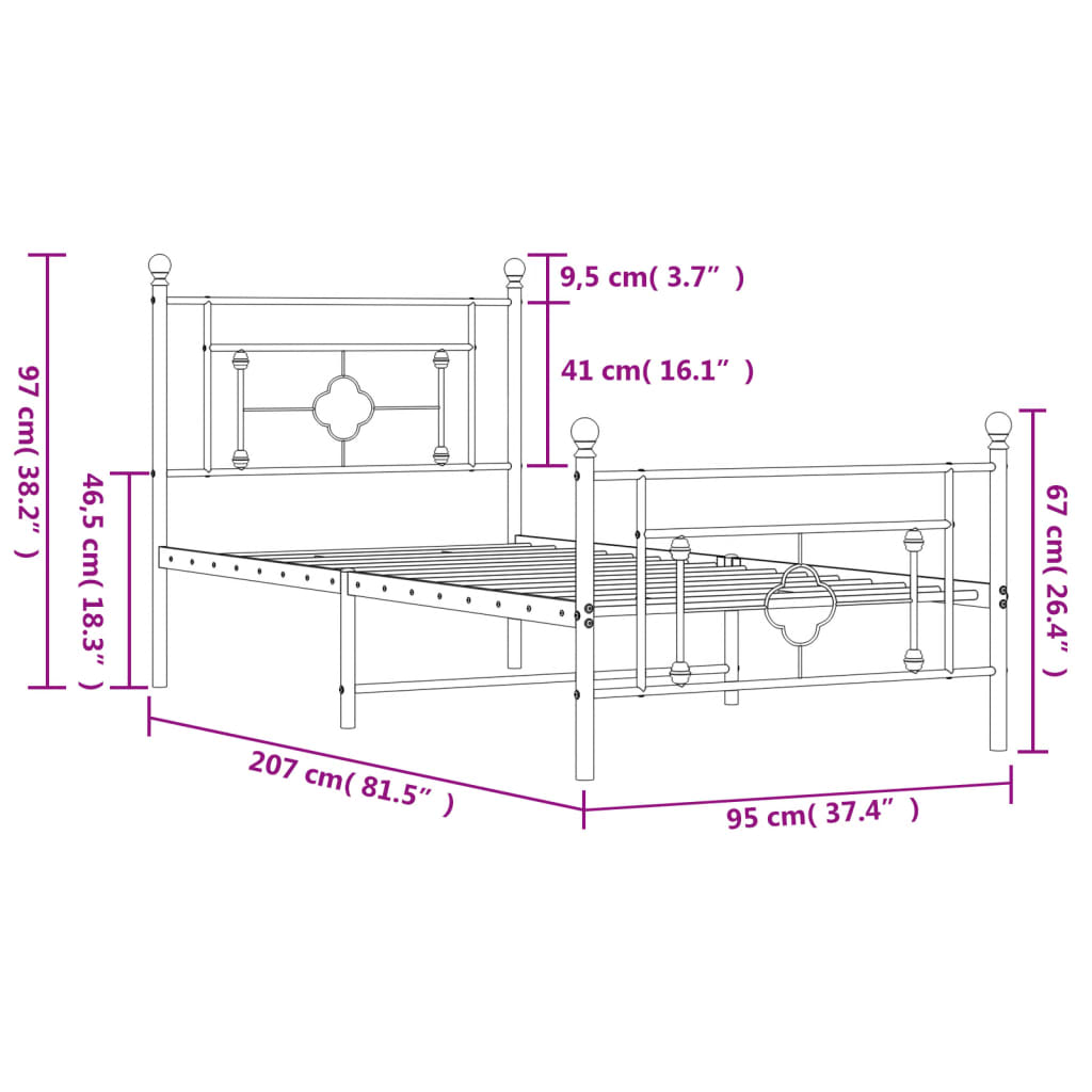 vidaXL Sängram med huvudgavel och fotgavel vit metall 90x200 cm