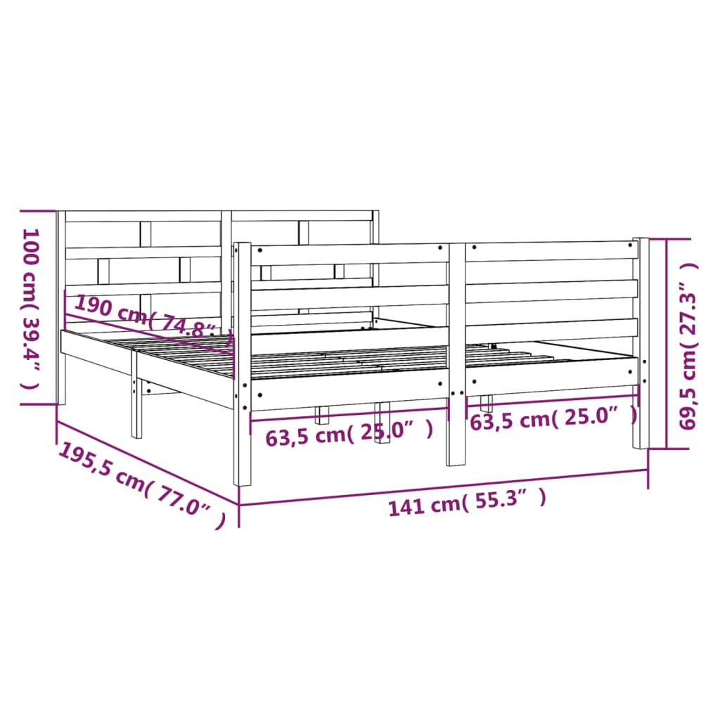 vidaXL Sängram massiv furu 135x190 cm vit