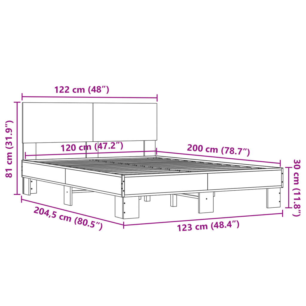 vidaXL Sängram brun ek 120x200 cm konstruerat trä och metall