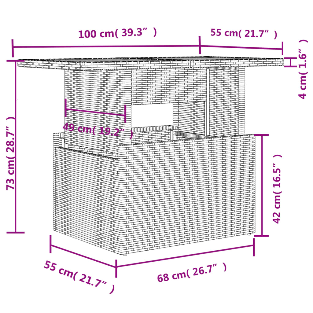 vidaXL Trädgårdsbord med glasskiva grå 100x55x73 cm konstrotting