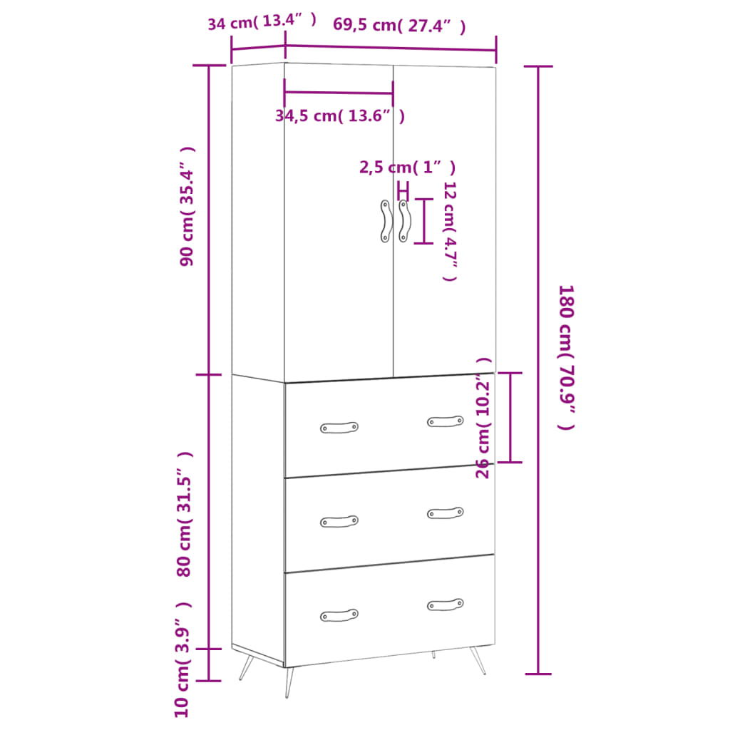 vidaXL Högskåp högglans vit 69,5x34x180 cm konstruerat trä