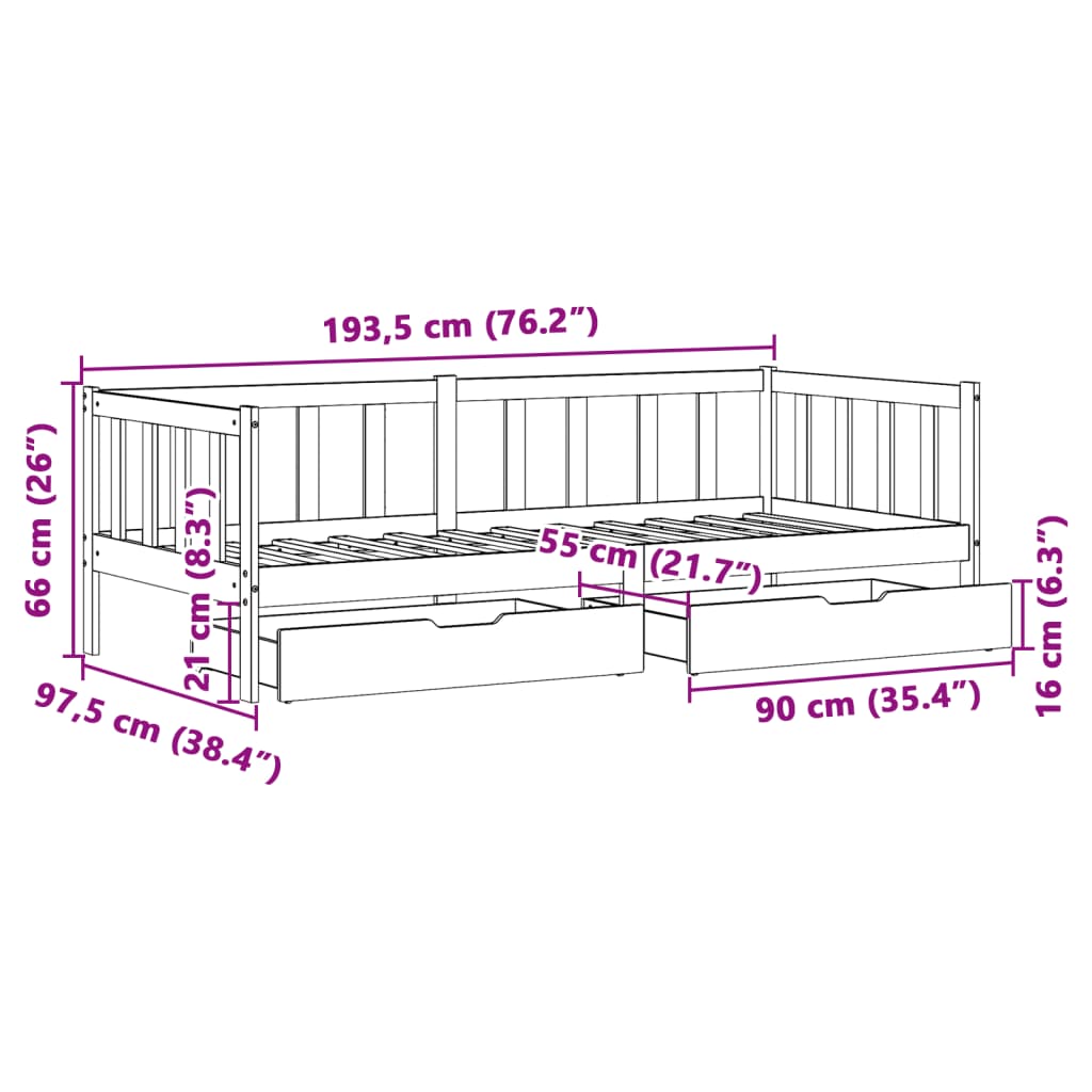 vidaXL Dagbädd med lådor vit 90x190 cm massiv furu