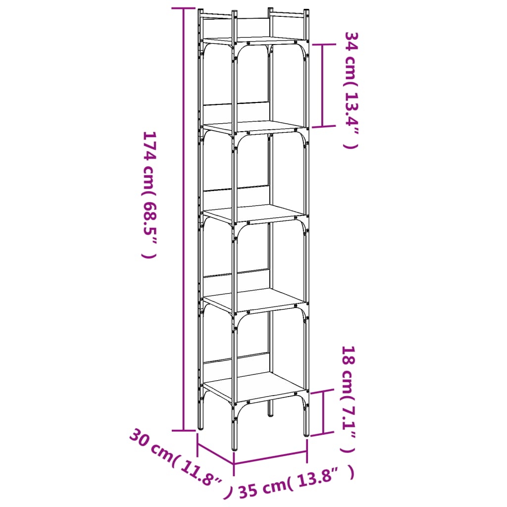 vidaXL Bokhylla 5 hyllplan svart 35x30x174 cm konstruerat trä