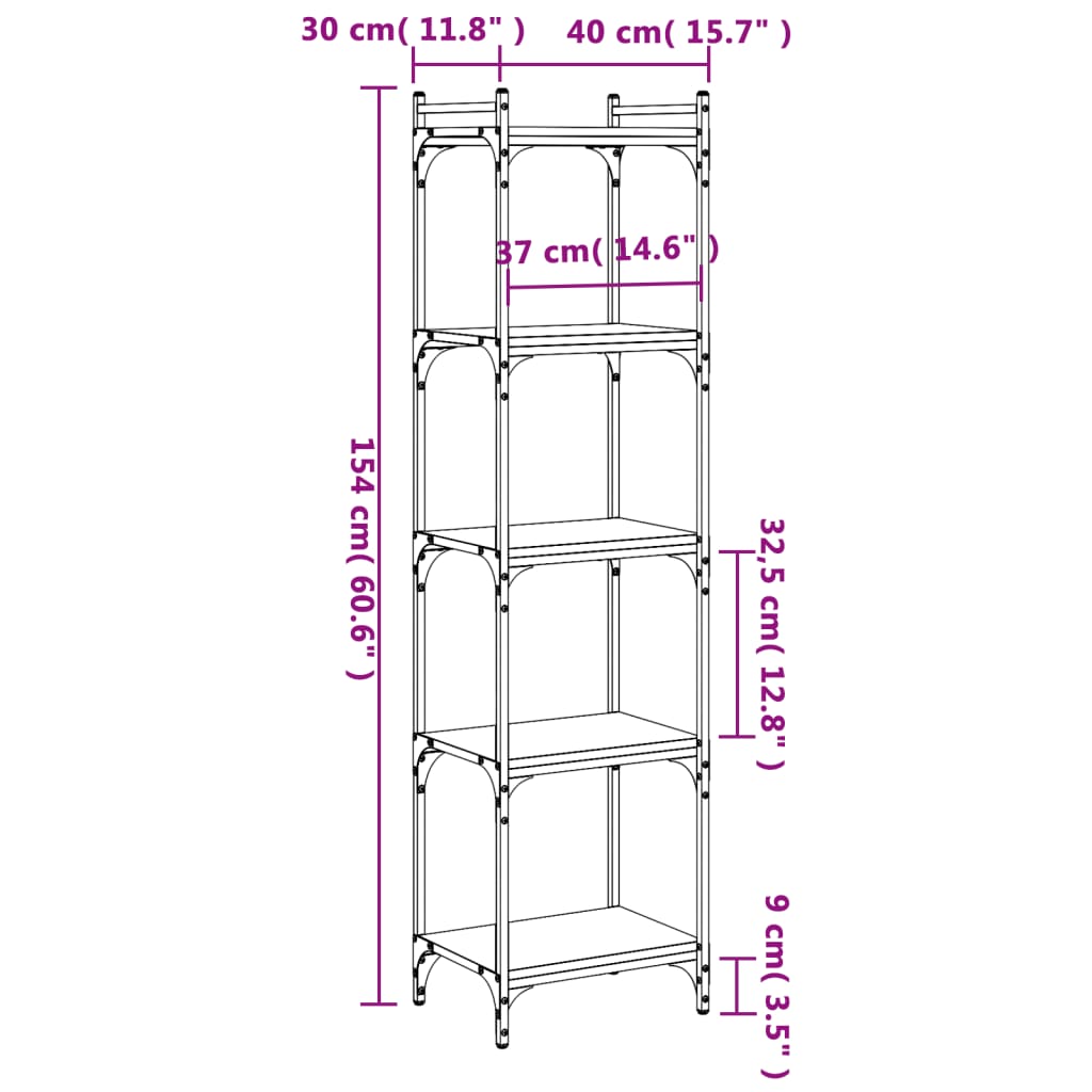 vidaXL Bokhylla 5 hyllplan svart 40x30x154 cm konstruerat trä