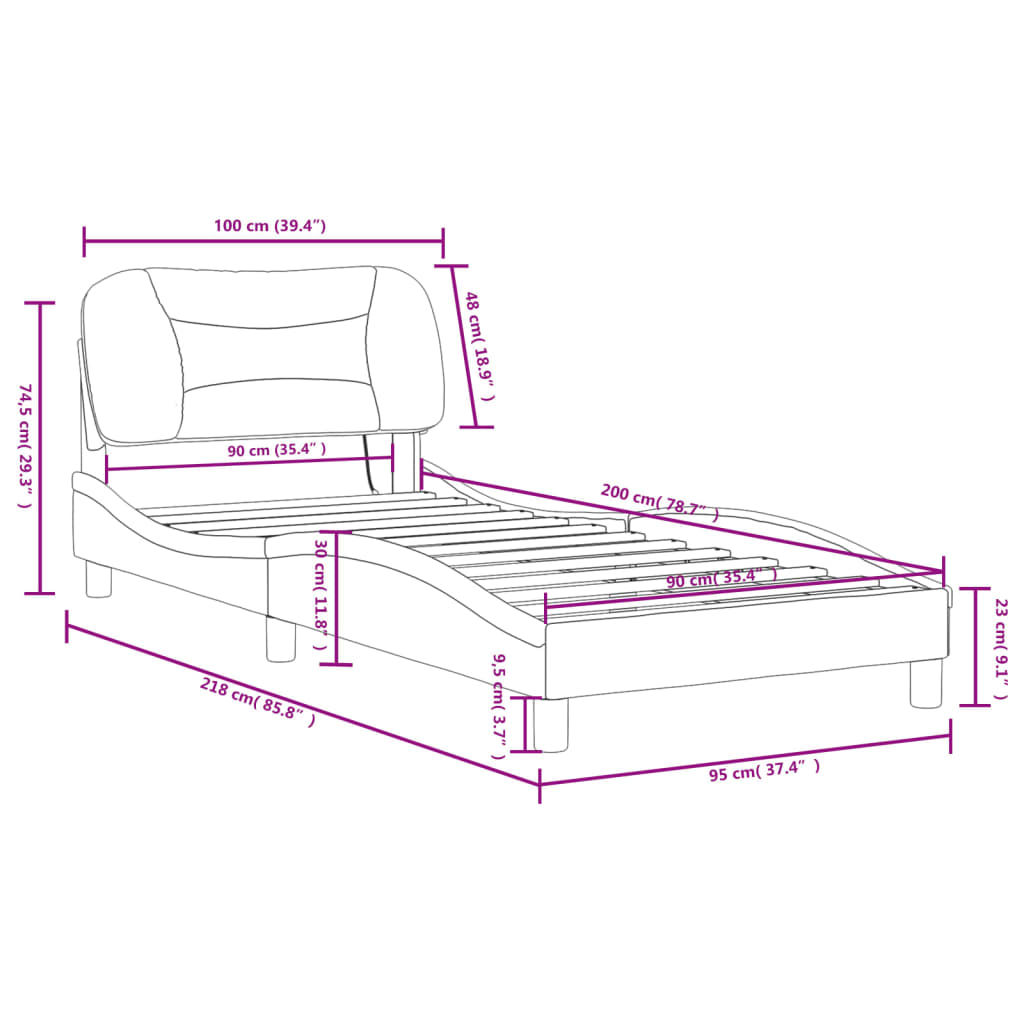 vidaXL Sängram med LED-belysning gräddvit 90x200 cm tyg