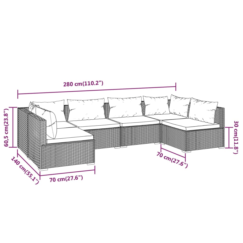 vidaXL Loungegrupp för trädgården med dynor 6 delar konstrotting brun