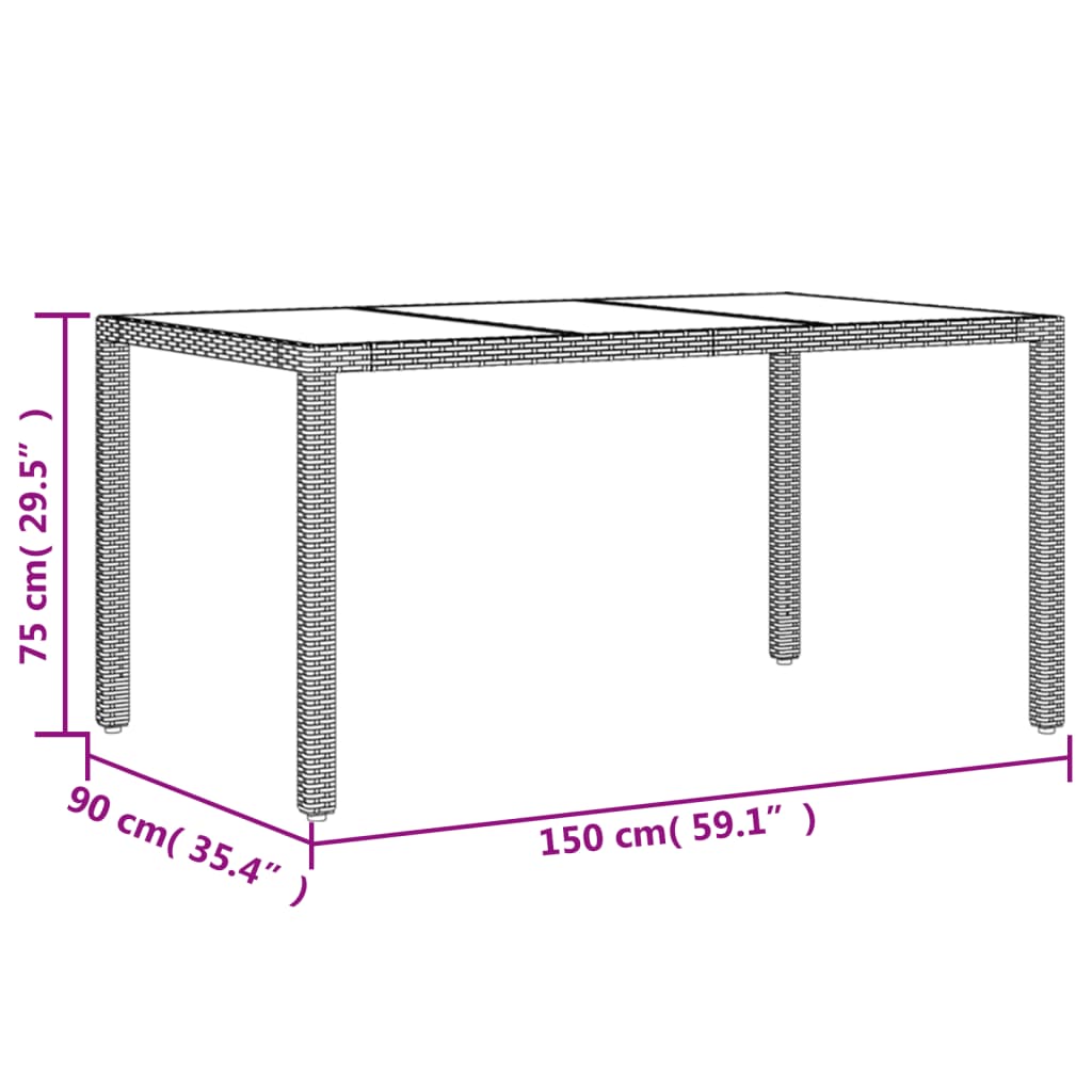 vidaXL Trädgårdsbord med glasskiva grå 150x90x75 cm konstrotting