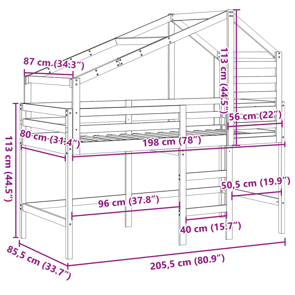 vidaXL Våningssäng med stege och tak 80x200 cm massiv furu