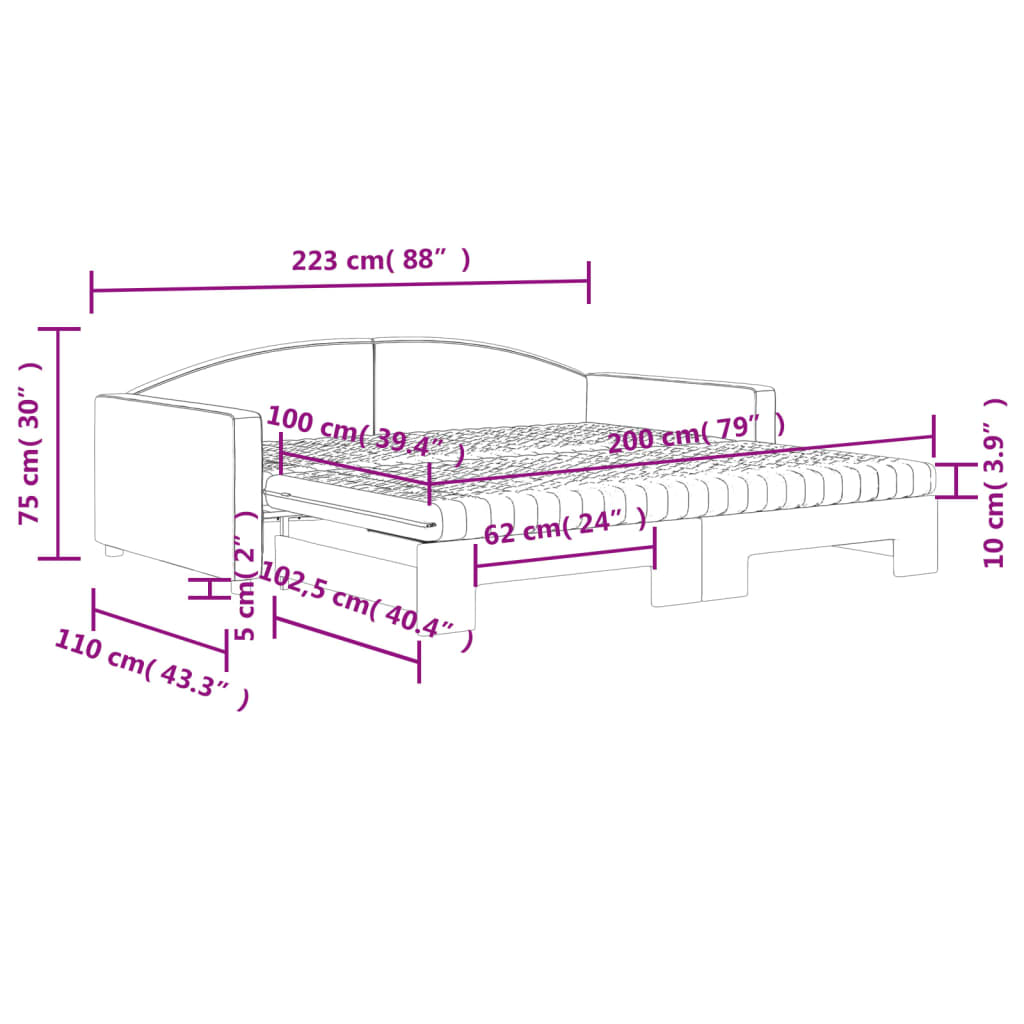 vidaXL Dagbädd med extrabädd och madrasser gräddvit 100x200 cm tyg