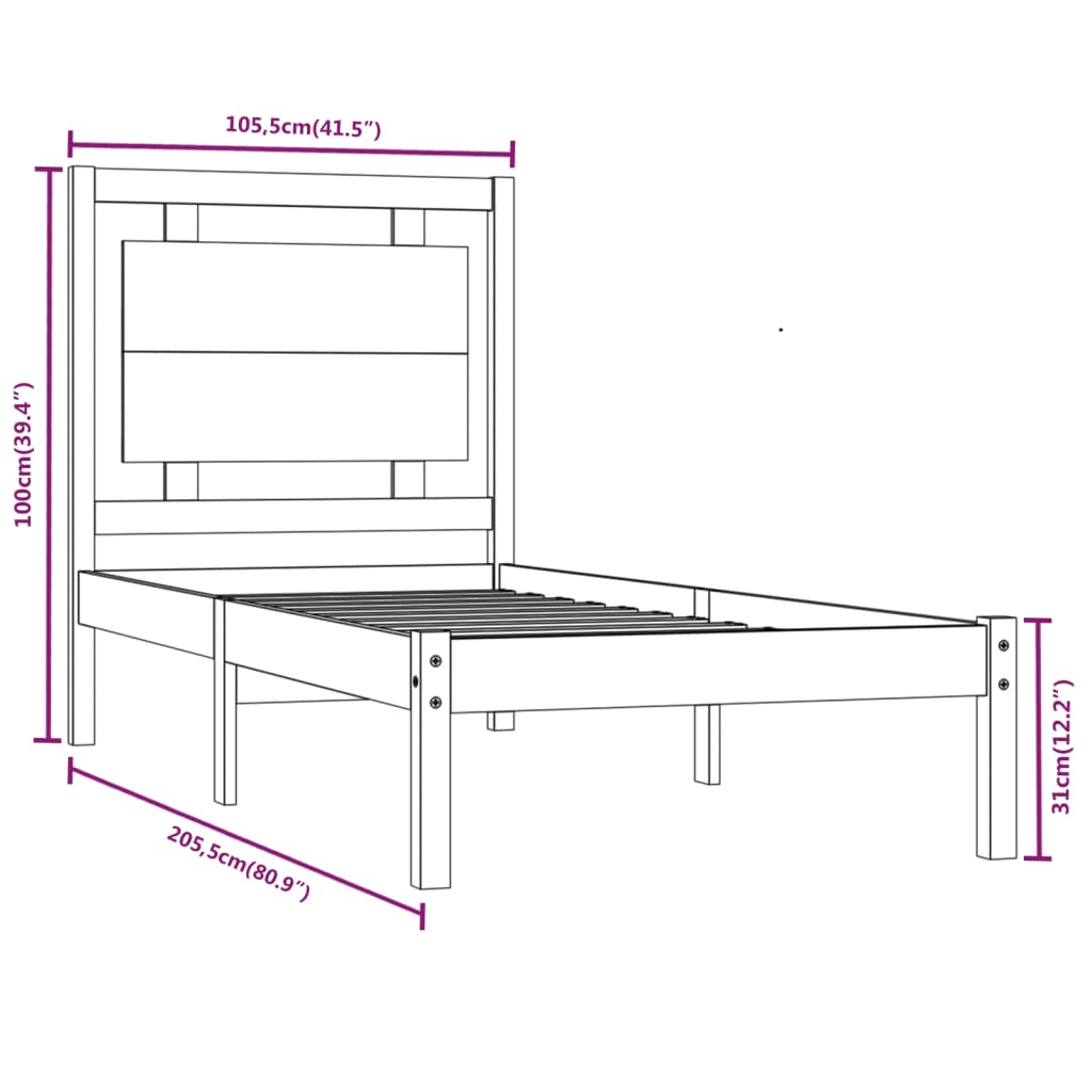 vidaXL Sängram vit massivt trä 100x200 cm