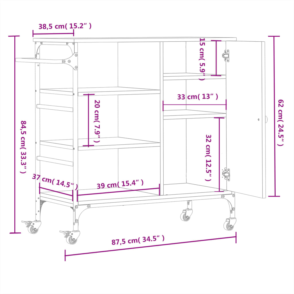 vidaXL Köksvagn sonoma-ek 87,5x38,5x84,5 cm konstruerat trä