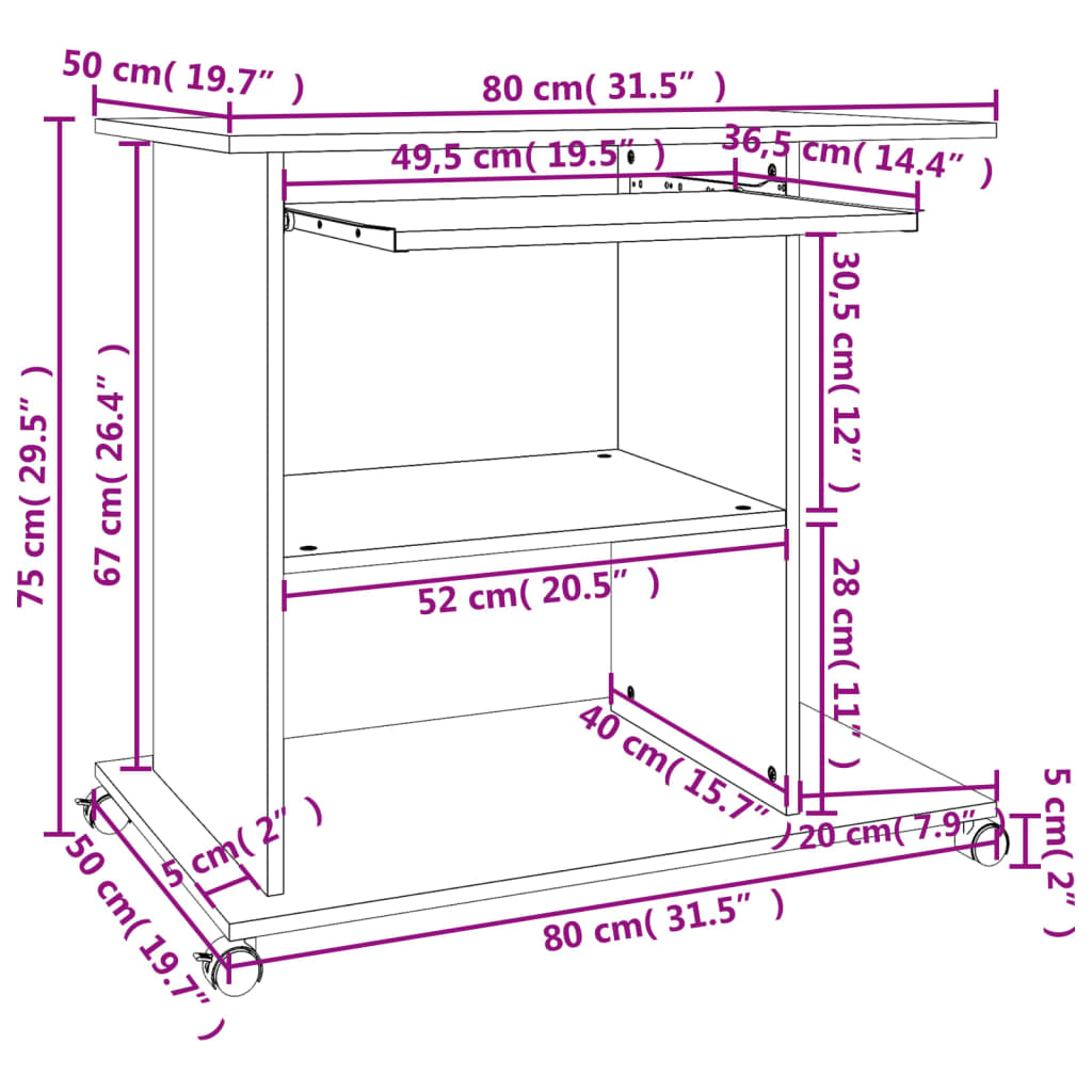 vidaXL Datorbord betonggrå 80x50x75 cm konstruerat trä