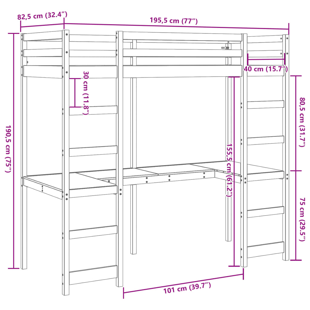 vidaXL Loftsäng utan madrass 75x190 cm massiv furu