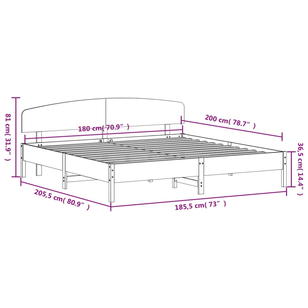 vidaXL Sängram utan madrass 180x200 cm massiv furu