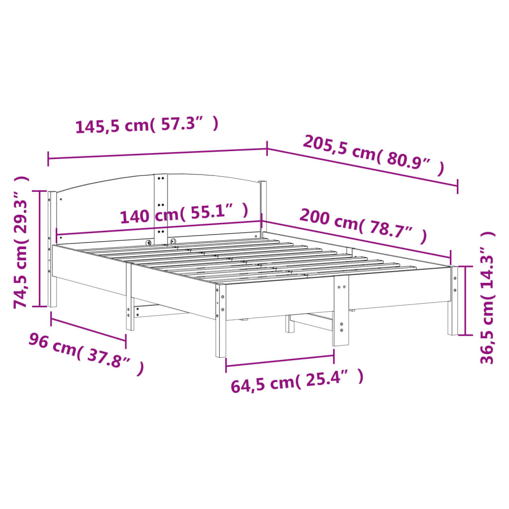 vidaXL Sängram utan madrass vit 140x200 cm massiv furu