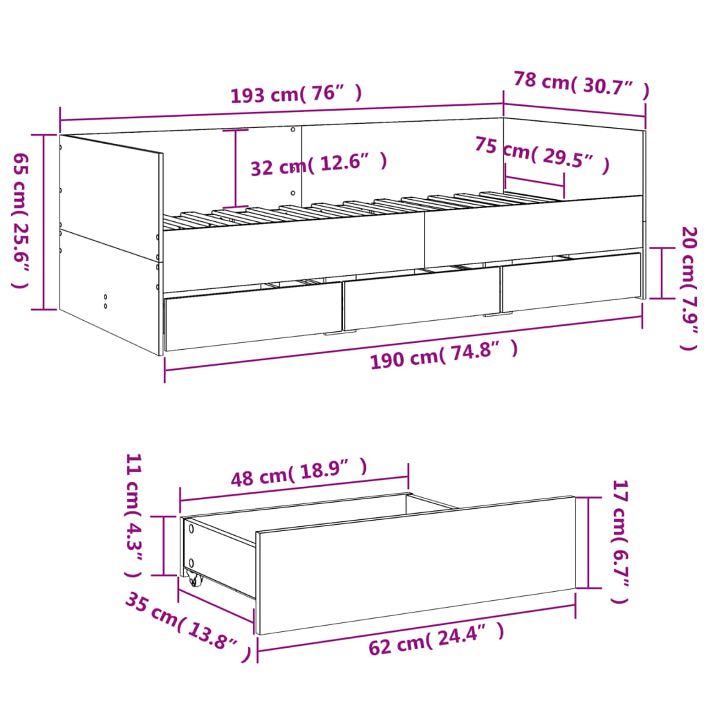 vidaXL Dagbädd med lådor utan madrass svart 75x190 cm