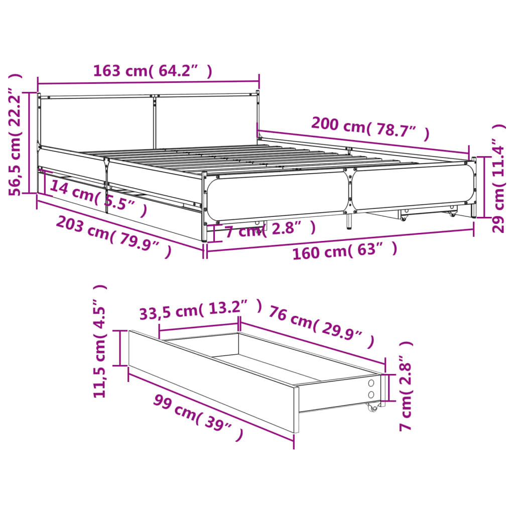 vidaXL Sängram med lådor rökfärgad ek 160x200 cm konstruerad trä