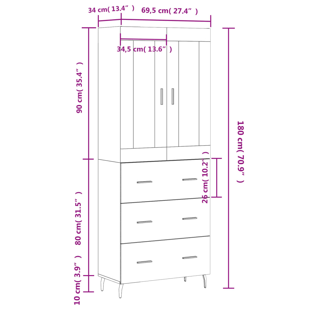 vidaXL Högskåp högglans vit 69,5x34x180 cm konstruerat trä