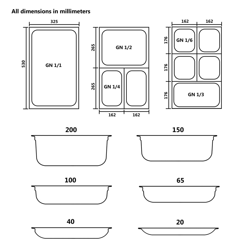 vidaXL Gastronormkantiner 8 st GN 1/6 200 mm rostfritt stål