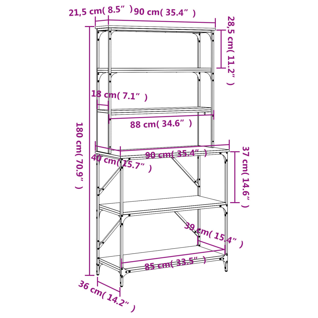 vidaXL Kökshylla 6 hyllplan brun ek 90x40x180 cm konstruerat trä