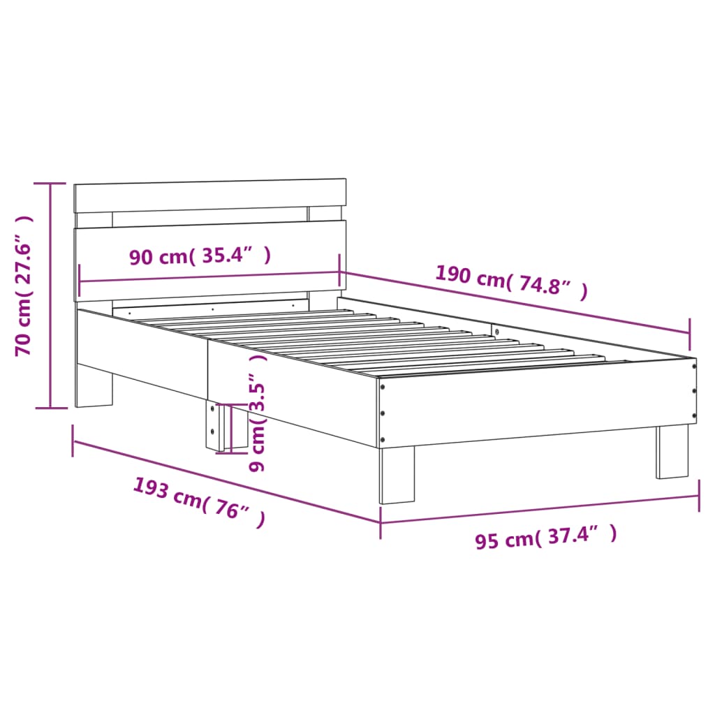 vidaXL Sängram utan madrass med huvudgavel sonoma-ek 90x190 cm