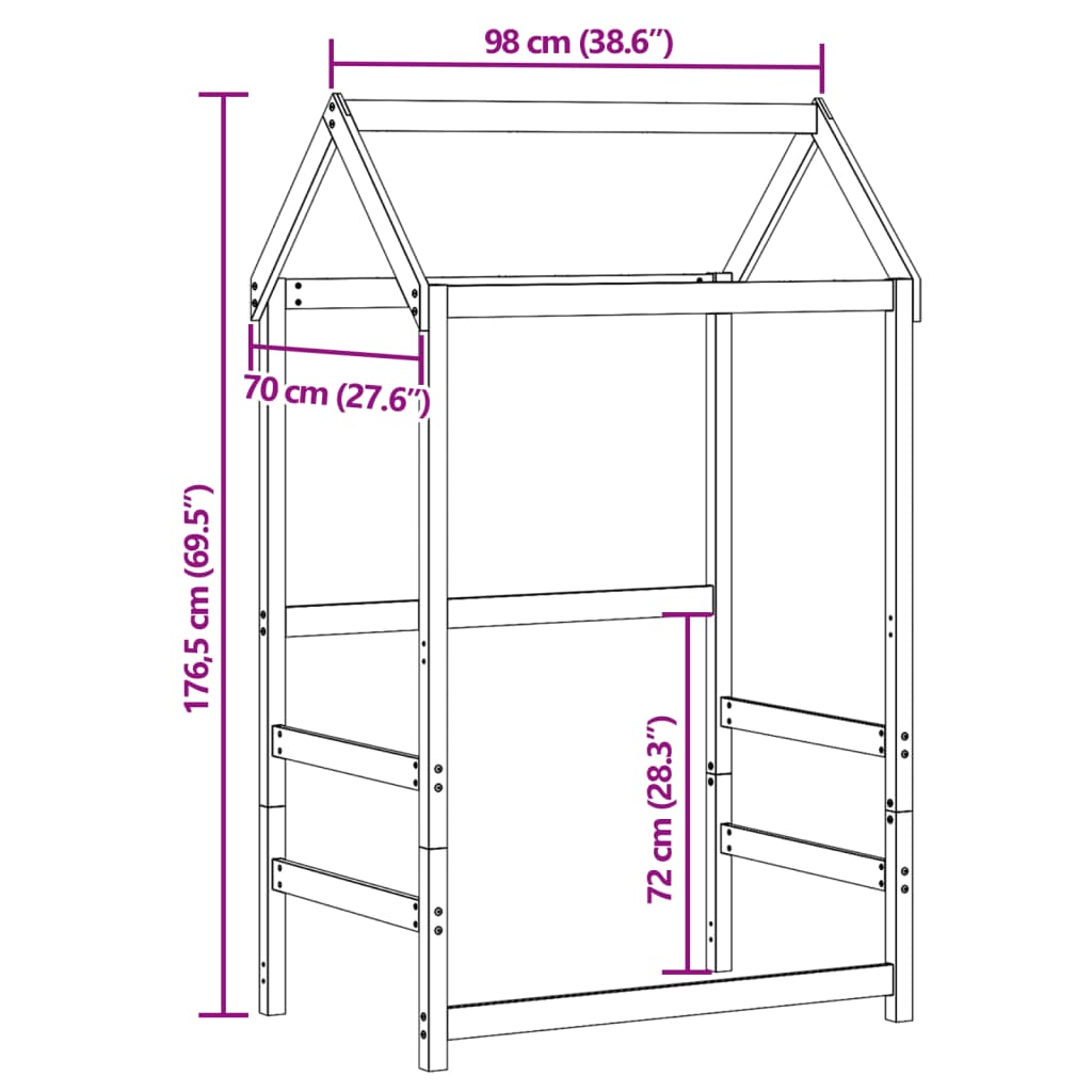 vidaXL Tak till barnsäng vit 98x70x176,5 cm massiv furu