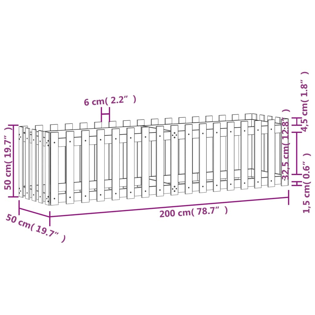 vidaXL Odlingslåda med staket-design vit 200x50x50 cm massiv furu