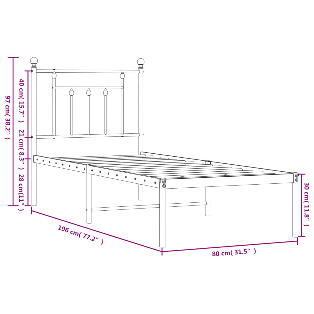 vidaXL Sängram utan madrass med huvudgavel metall vit 75x190 cm