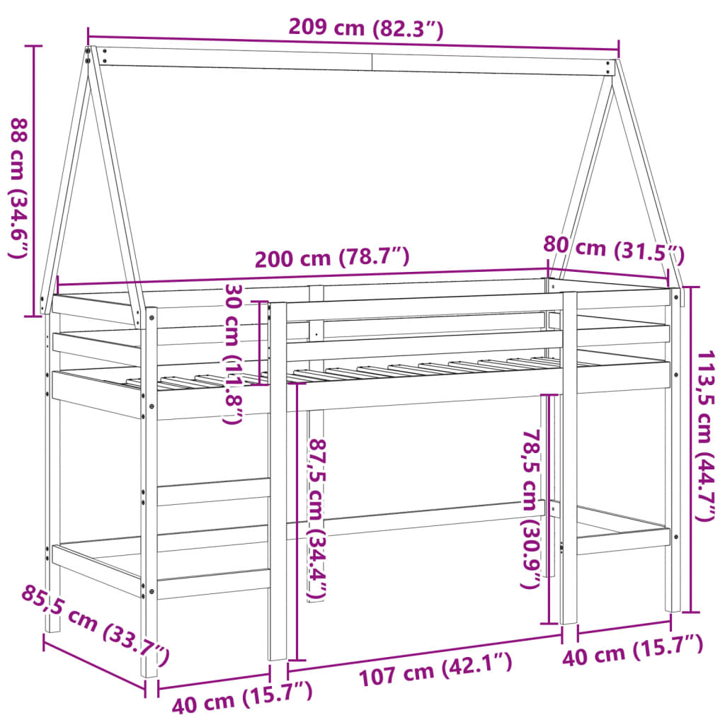 vidaXL Våningssäng med stege och tak 80x200 cm massiv furu