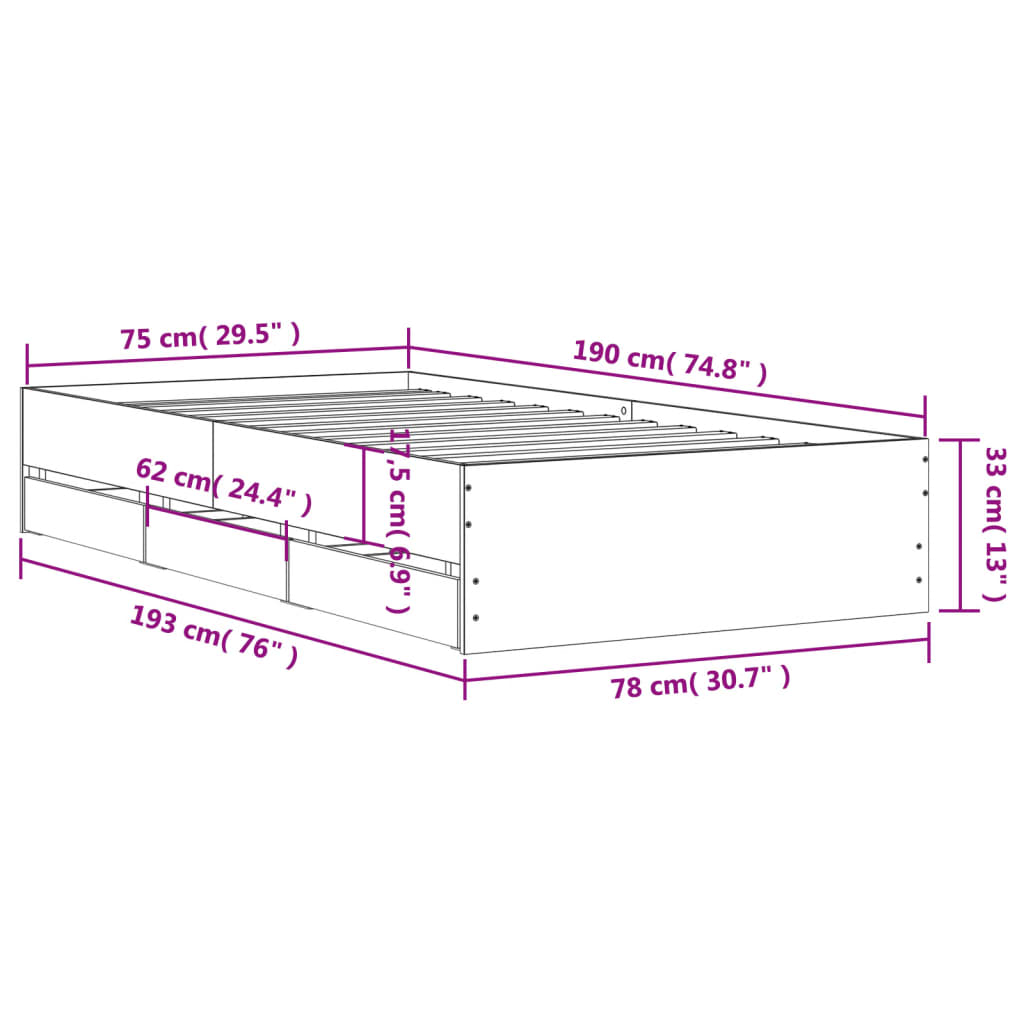 vidaXL Sängram med lådor vit 75x190 cm konstruerad trä