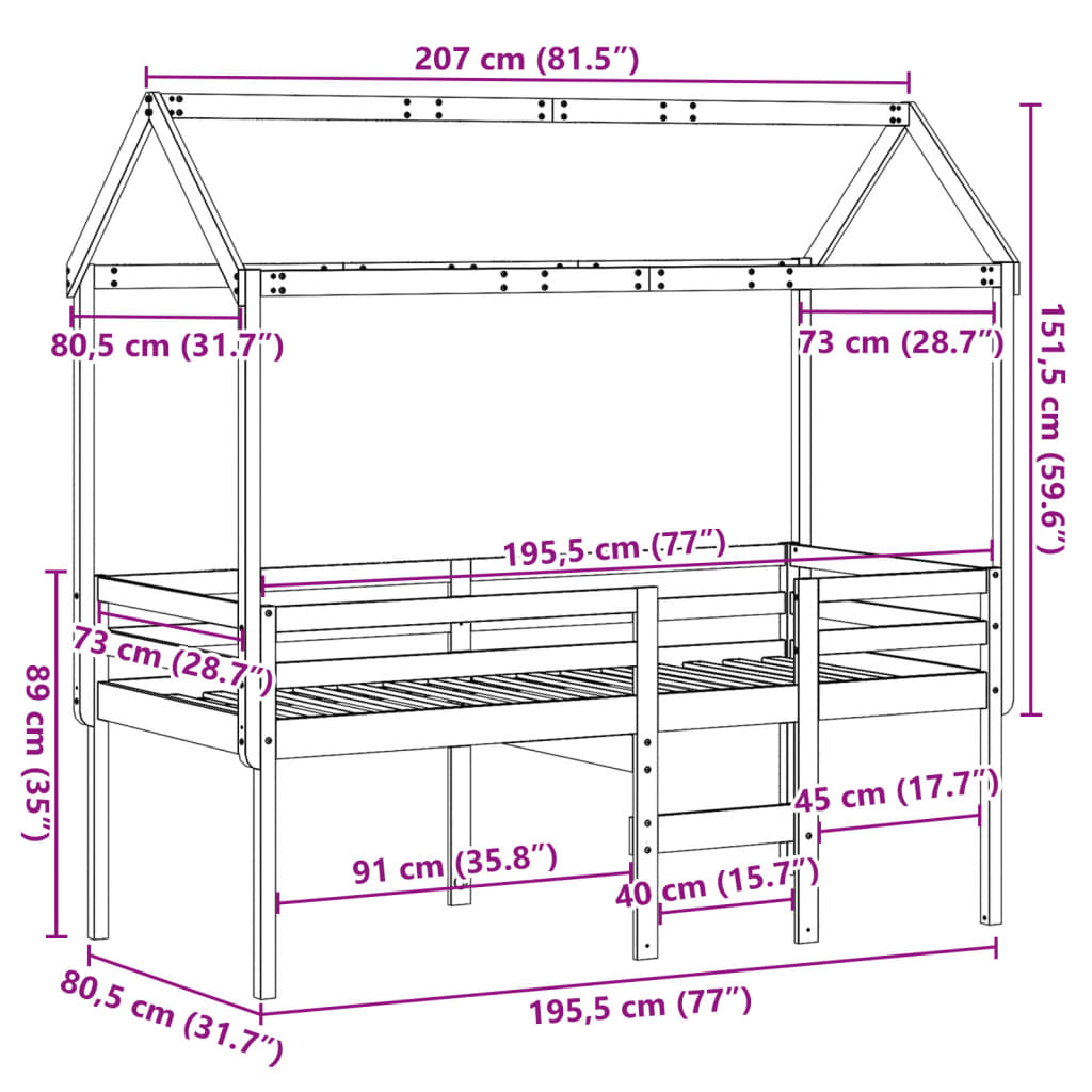 vidaXL Hög säng med tak 75x190 cm massiv furu