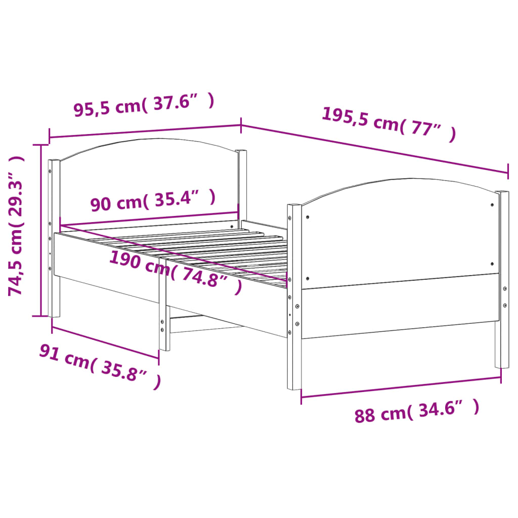 vidaXL Sängram utan madrass 90x190 cm massiv furu