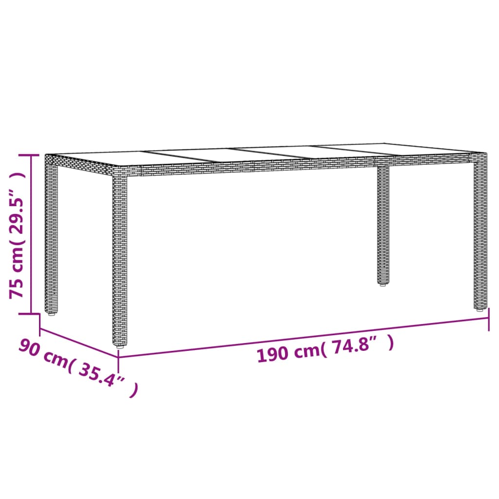 vidaXL Trädgårdsbord med glasskiva svart 190x90x75 cm konstrotting