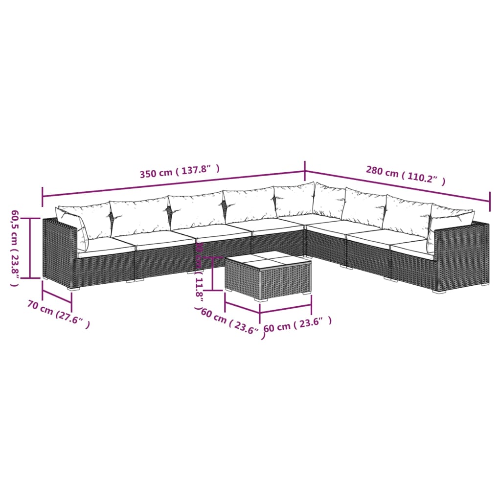 vidaXL Loungegrupp för trädgården med dynor 9 delar konstrotting brun