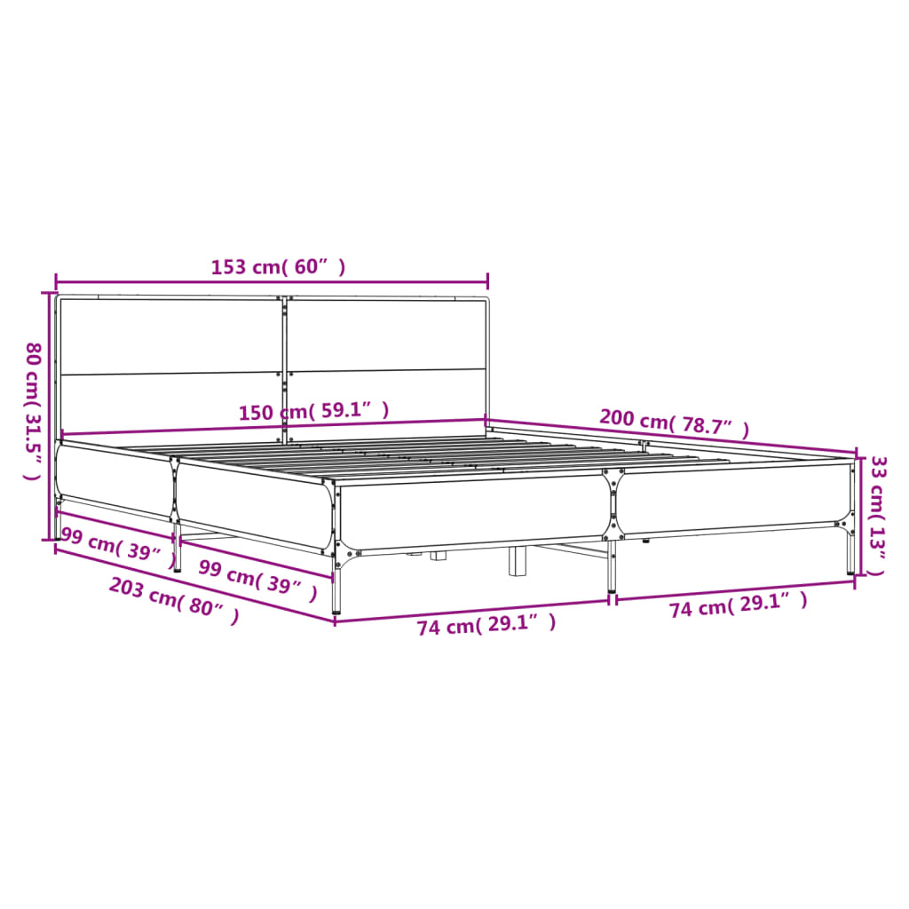 vidaXL Sängram rökfärgad ek 150x200 cm konstruerad trä och metall