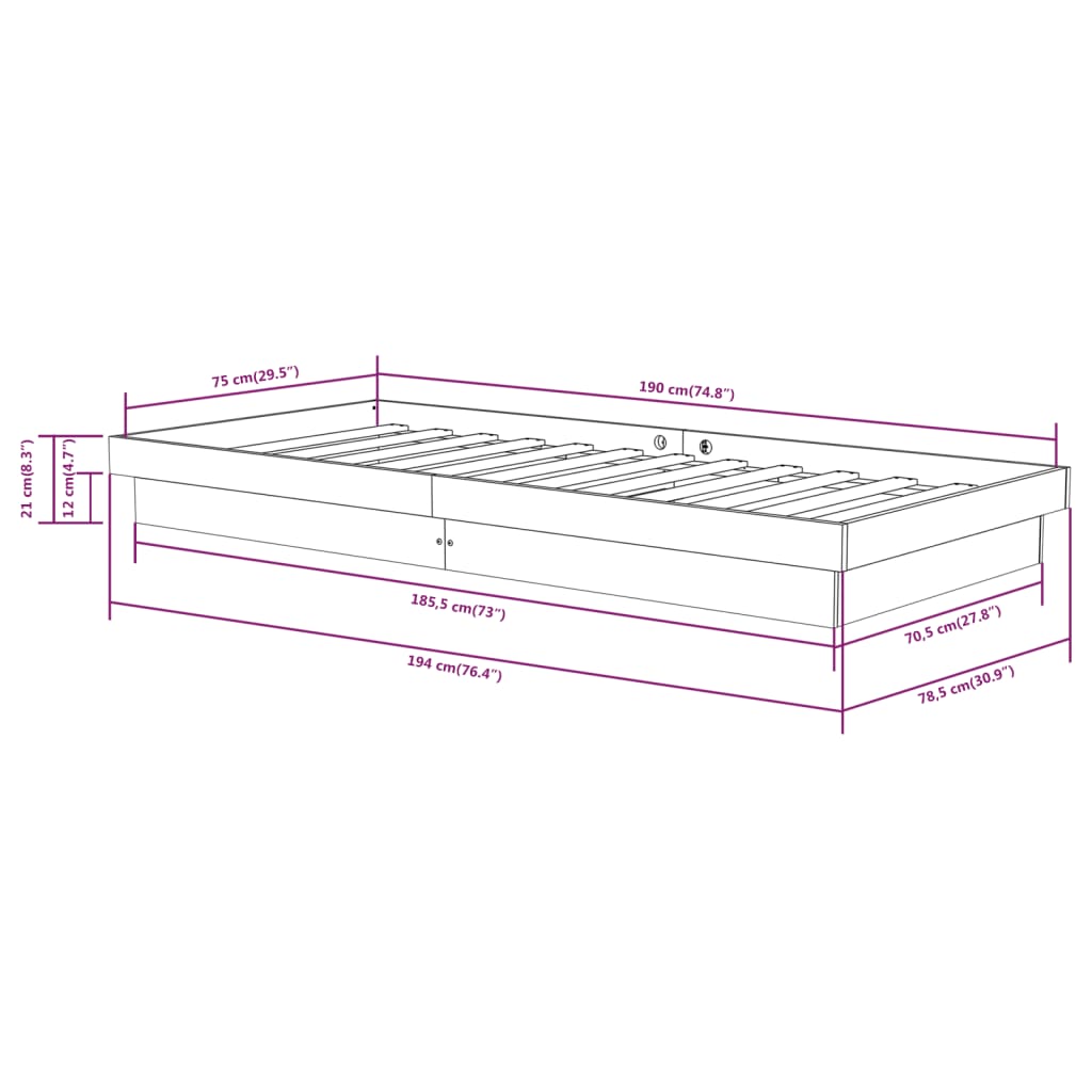 vidaXL Sängram massivt trä 75x190 cm