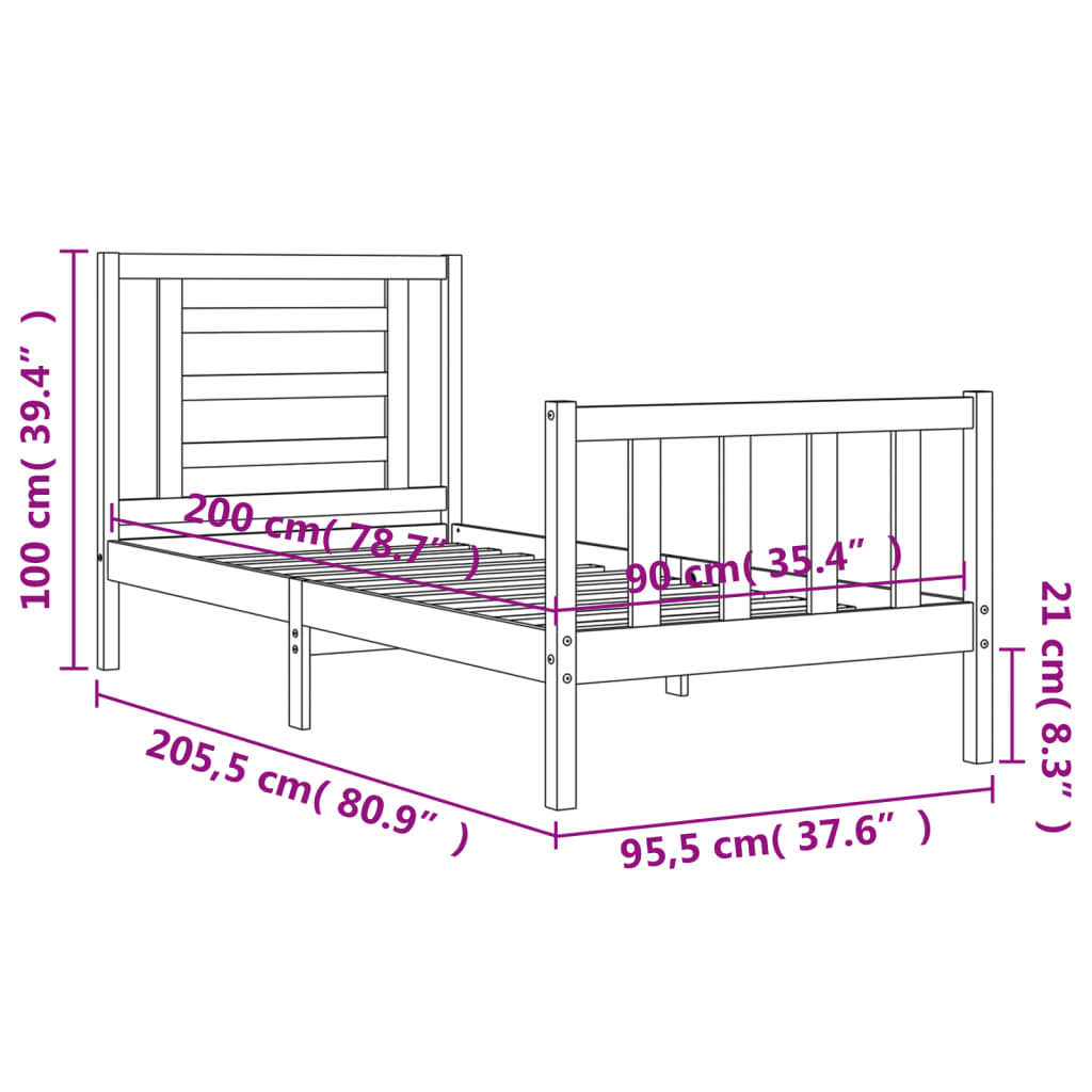 vidaXL Sängram med huvudgavel svart 90x200 cm massivt trä