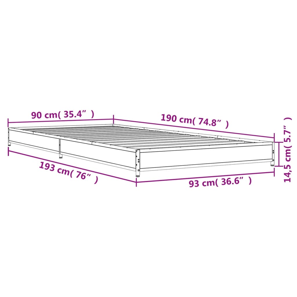 vidaXL Sängram rökfärgad ek 90x190 cm konstruerat trä och metall