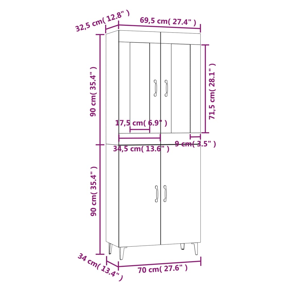 vidaXL Högskåp vit högglans 70x34x180 cm konstruerat trä