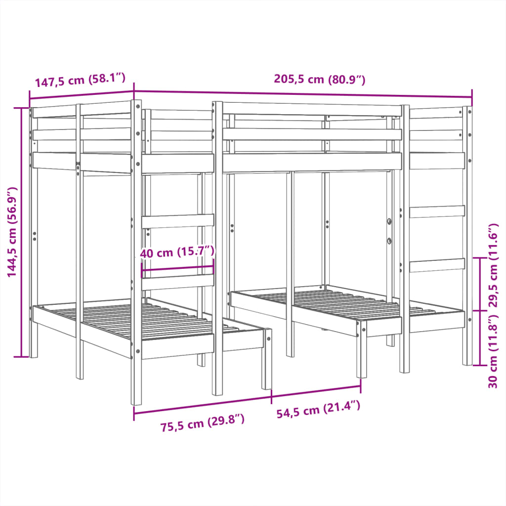 vidaXL Våningssäng 3 platser vit 140x200/70x140 cm massiv furu