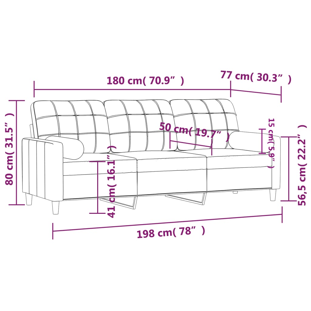 vidaXL 3-sitssoffa med prydnadskuddar brun 180 cm tyg