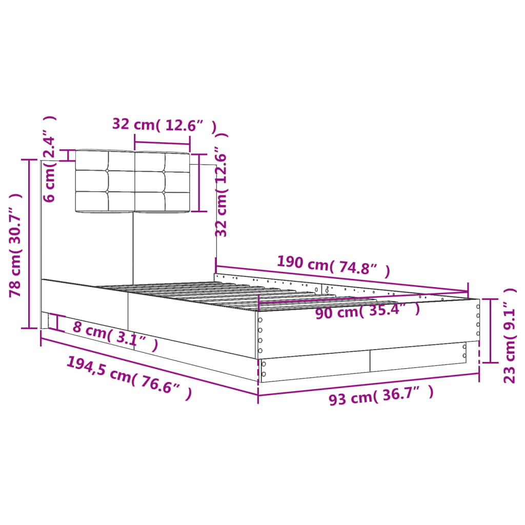 vidaXL Sängram med huvudgavel rökfärgad ek 90x190 cm konstruerat trä